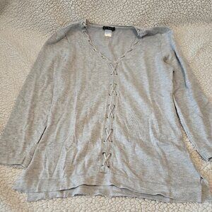 VENUS Grey Lace-Up Front V-Neck Knit Sweater - Large
